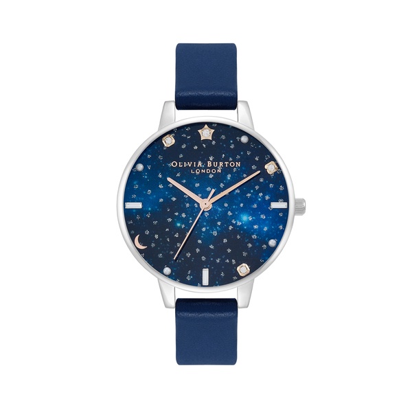 Olivia Burton Celestial 夢幻繁星鋼殼面藍皮革腕錶-銀 34mm(OB16GD97)