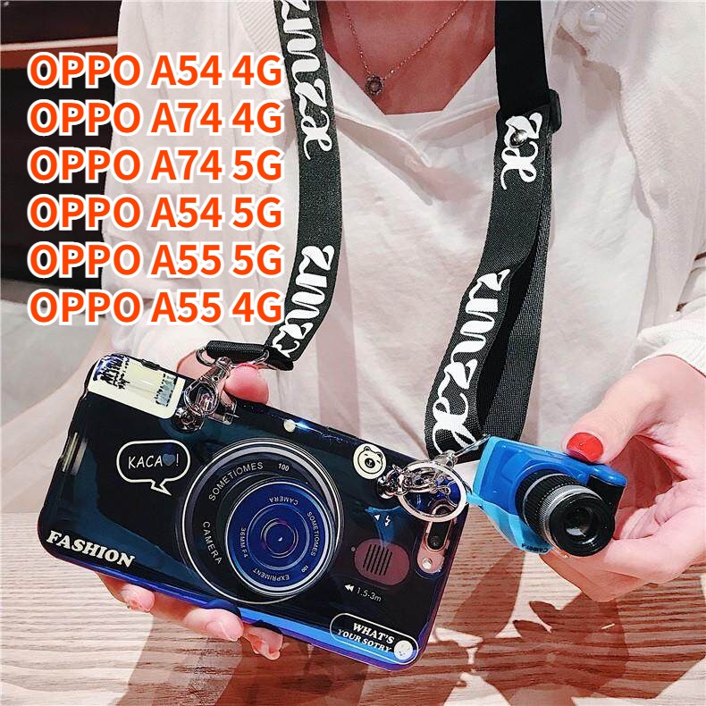 Oppo A74 OPPOA54 OPPO A55 復古相機掛繩外殼握把支架支架矽膠手機殼保護套帶相機娃娃