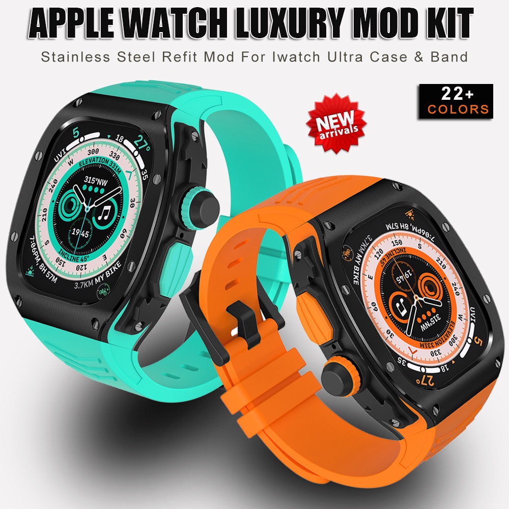 適用於 Apple Watch 8 橡膠錶帶+錶殼 IWatch 8 49 毫米運動手鍊改裝模組的豪華不銹鋼套裝