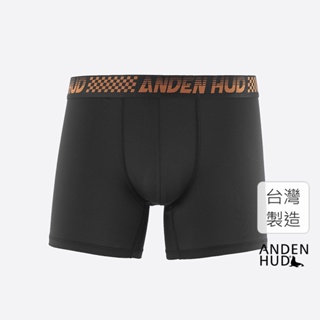 【Anden Hud】男款_吸濕排汗機能系列．長版腰帶平口內褲(黑-橘方格緊帶) 台灣製