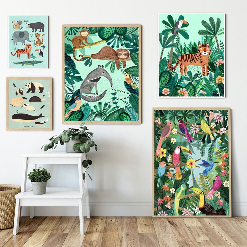 老虎熊貓豹鸚鵡叢林北歐海報和版畫牆壁藝術帆布繪畫牆壁圖片適用於客廳家居裝飾
