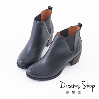 DREAMS SHOP 台灣真皮減壓V型鬆緊切爾西中跟短靴5cm 黑色【JD3058】大尺碼靴子37-46