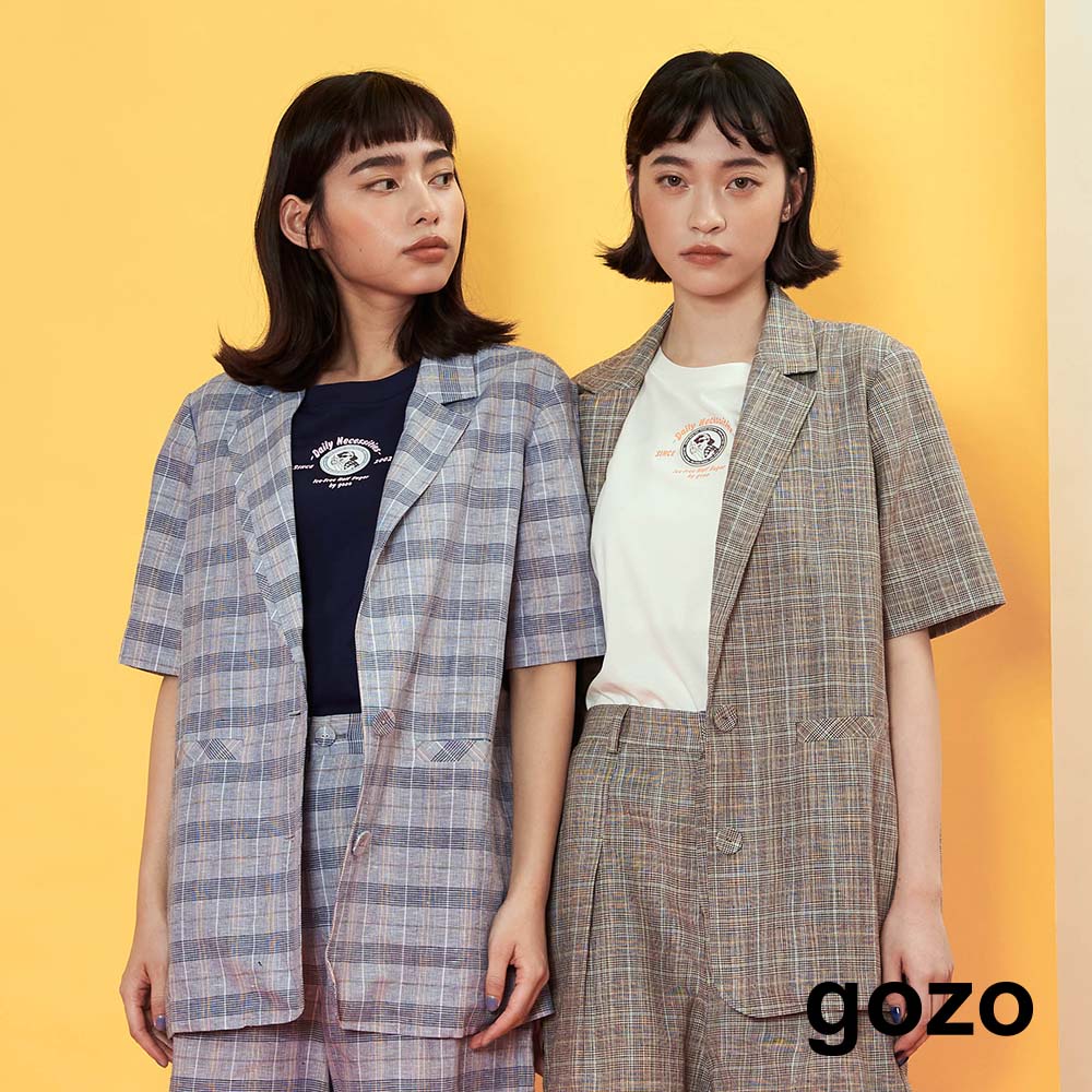 【gozo】老派格紋短袖西裝外套(深藍_F)｜女裝 顯瘦 休閒