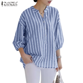 Zanzea 女士派對日常休閒條紋泡泡袖 3/4 袖襯衫