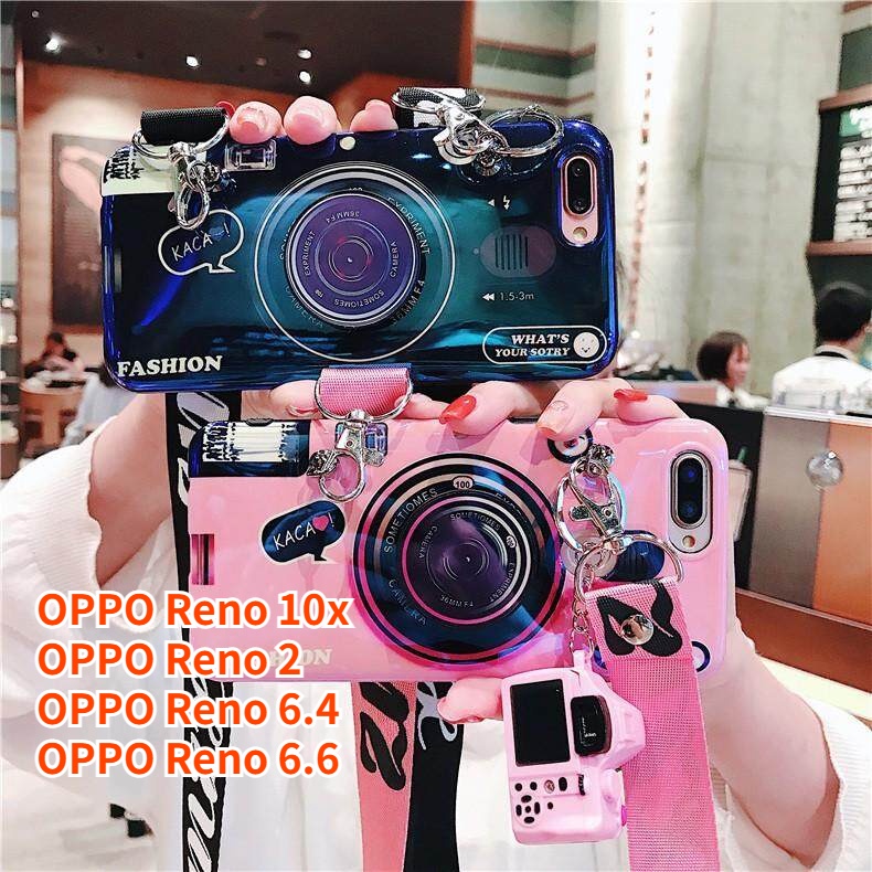 Oppo Reno 10X Reno 2 Reno 6.4 Reno 6.6 復古相機掛繩外殼手柄支架支架矽膠手機殼保護