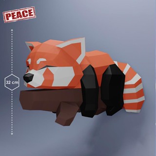 new-peace午安小熊貓紅色九節狼手工diy臥室墻壁立體裝飾紙藝動物壁掛紙模