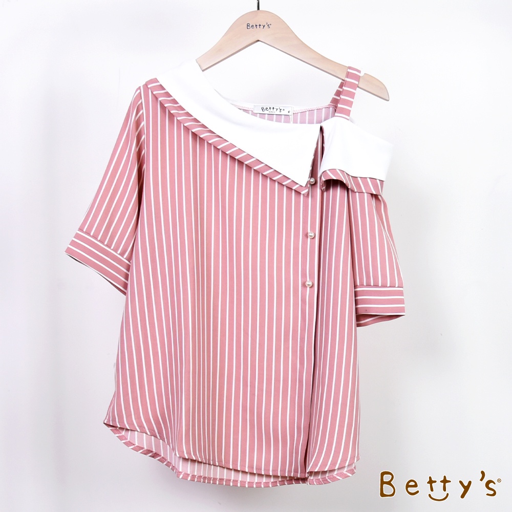 betty’s貝蒂思(01)條紋撞色斜肩領口雪紡上衣(共二色)