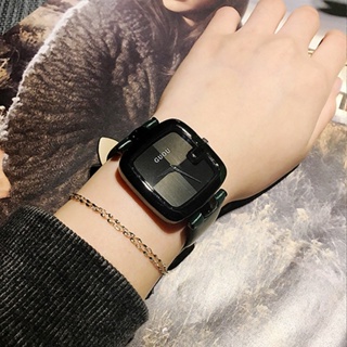 香港guou獨特方形潮流時尚黑色氣質女士皮帶手錶
