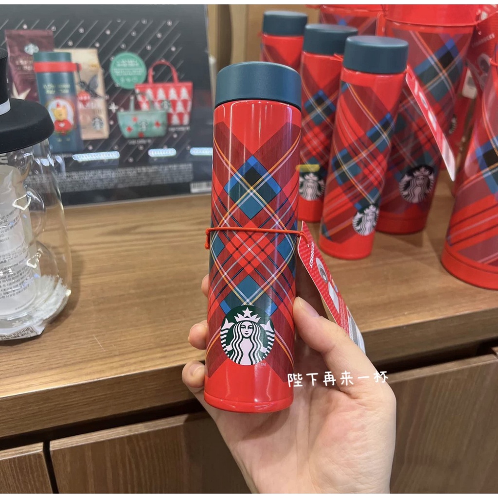 Starbucks官方正品！韓國星巴克杯子2022聖誕節大紅格紋綠蓋迷你不銹鋼保溫杯果汁珍奶茶奶昔茶水咖啡杯180ml