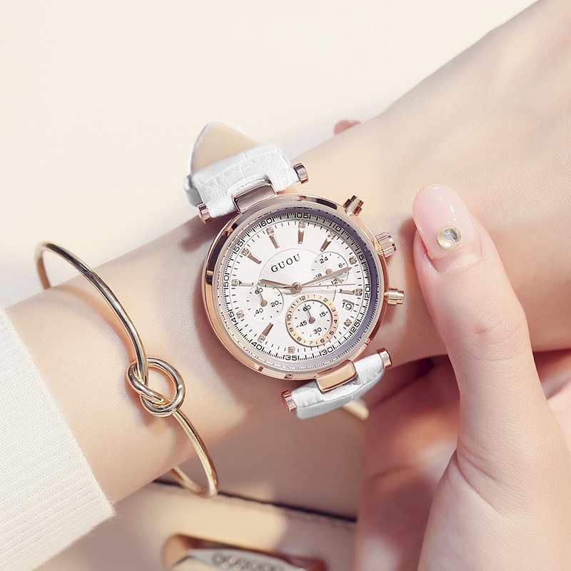 熱銷guou女士時尚石英表歐美三眼多功能皮錶帶日曆女士手錶