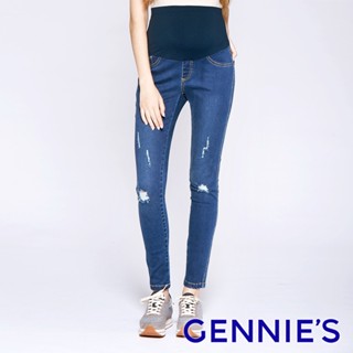【Gennies 奇妮】COOLMAX 個性刷破涼感牛仔褲-淺藍(T4H22)孕婦褲 孕婦裝 牛仔褲 託腹褲 長褲 孕婦