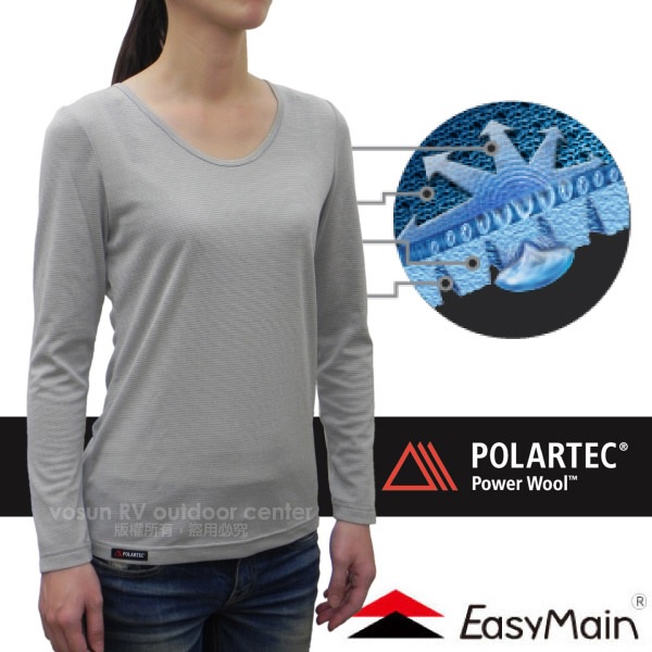 【EasyMain 衣力美】女款POLARTEC Power Wool經典級羊毛排汗保暖抗菌防臭衛生衣_米灰_T1572