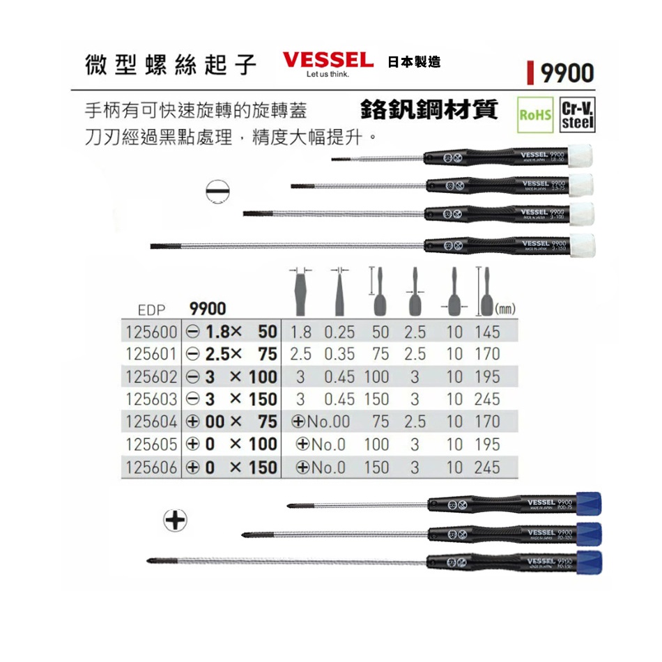 微型螺絲起子 一字起子 十字起子 起子 精密起子 日本製造 VESSEL 9900系列 超细 精密微型螺絲刀