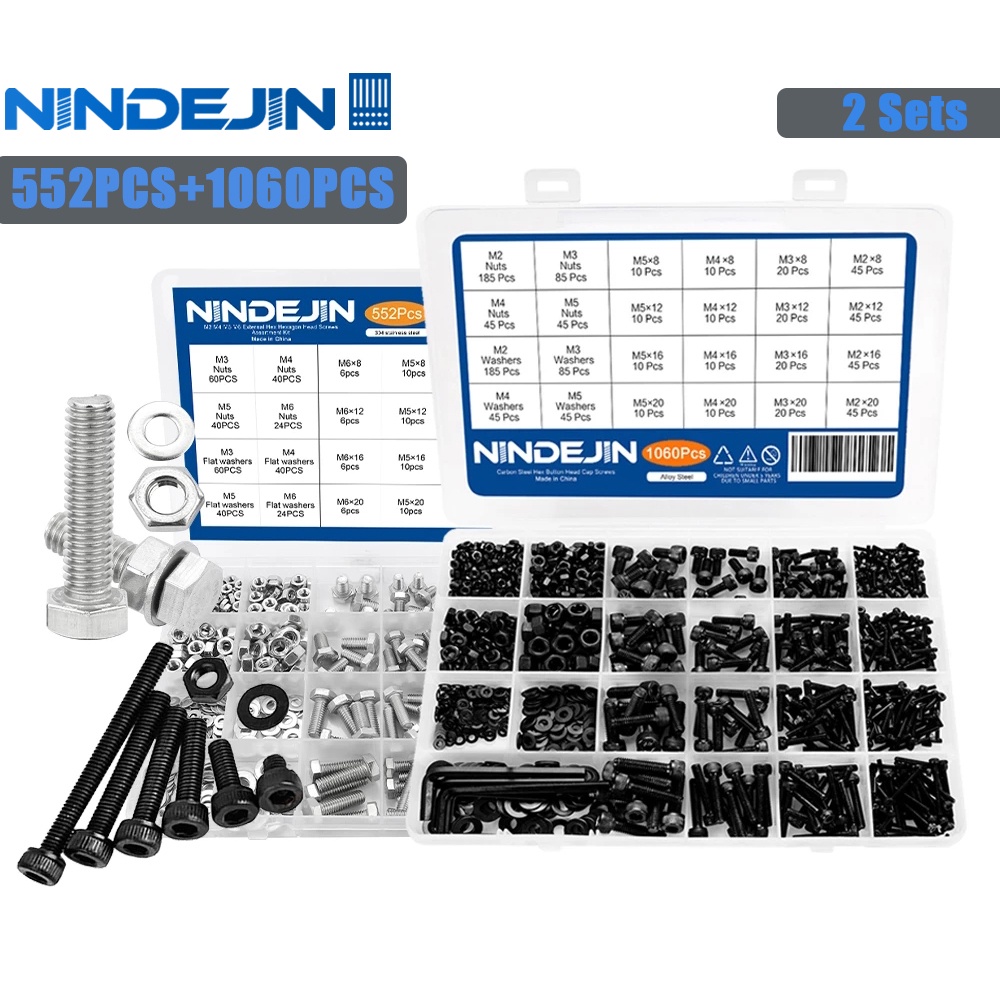 Nindejin 552pcs 內六角螺絲套件 M3-M6 不銹鋼 1060pcs 內六角頭螺絲組 M2-M5 碳鋼