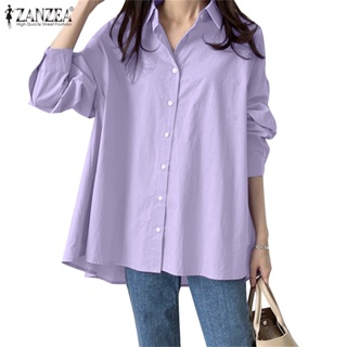 Zanzea 女式長袖鈕扣寬鬆純色休閒超大號襯衫