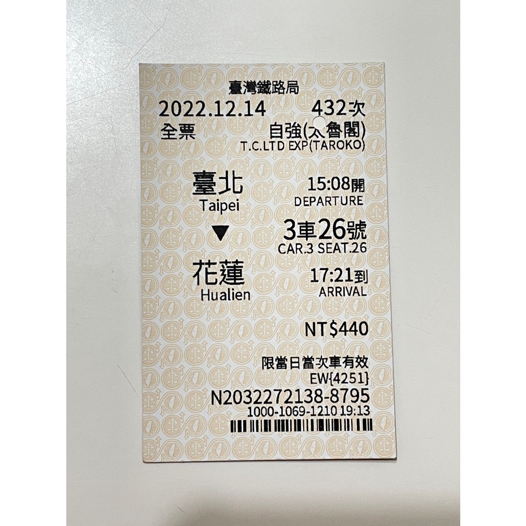 台鐵票根 2022年12月 自強號  台北 花蓮 二手 報帳 車票  收藏用