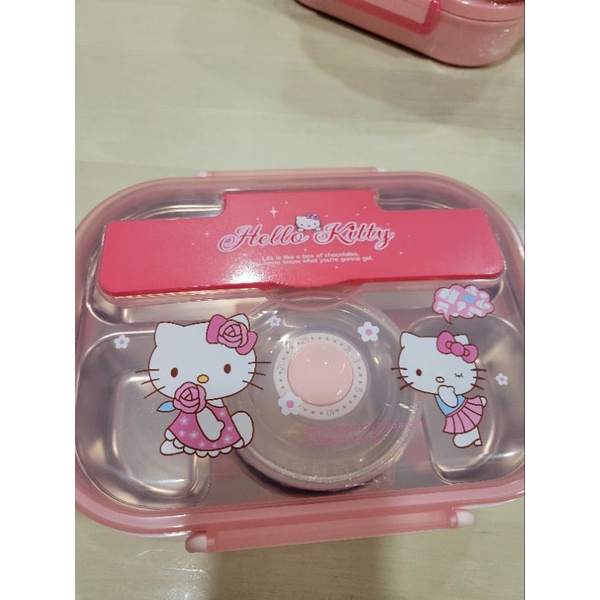 全新 粉色 Hello Kitty (盒蓋透明款）304不銹鋼便當盒 學生分隔餐盤 5格 餐盒附不鏽鋼筷子+湯匙+湯碗