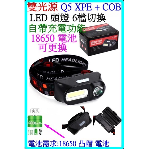 LED頭燈 雙光源 Q5 XPE + COB 18650  工作燈 維修燈 照明燈 USB燈 露營燈【妙妙屋】