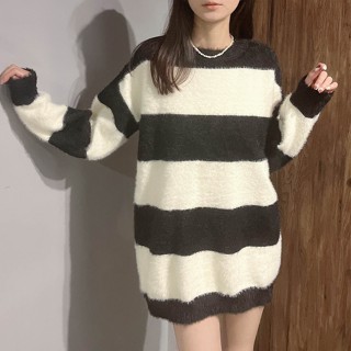 水貂毛條紋長版上衣【4458】33女裝批發 秋冬新款韓系INS修身顯瘦氣質圓領長袖上衣 撞色毛衣 條紋針織衫 針織上衣
