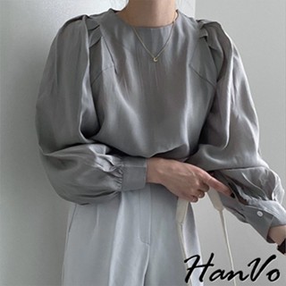 【HanVo】公主泡泡袖圓領襯衫上衣 舒適氣質好穿時尚長袖衣 韓系百搭顯瘦修身上衣 韓國女裝 女生衣著 1848