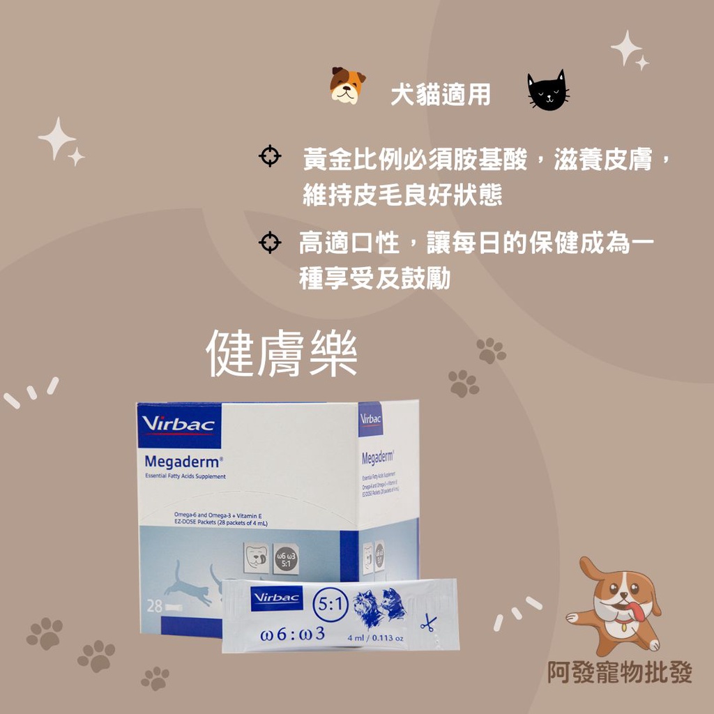 👍阿發寵物批發👍Virbac 維克🐾Megaderm® 健膚樂🐾28小包 /盒。犬貓皮毛保健 必需脂肪酸與維他命