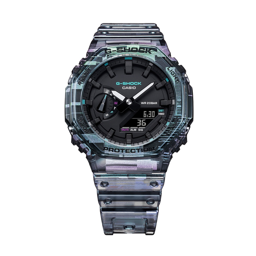 CASIO卡西歐 G-SHOCK 數位雜訊 半透明 閃爍紫 八角形錶殼 GA-2100NN-1A_45.4mm