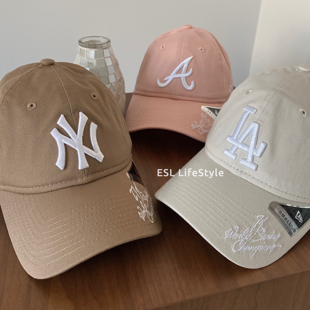 -ESL- 現貨 New Era Cap 刺繡 草寫字母 復古 老帽 棒球帽 MLB 大聯盟 洋基 道奇 粉 米白 奶茶