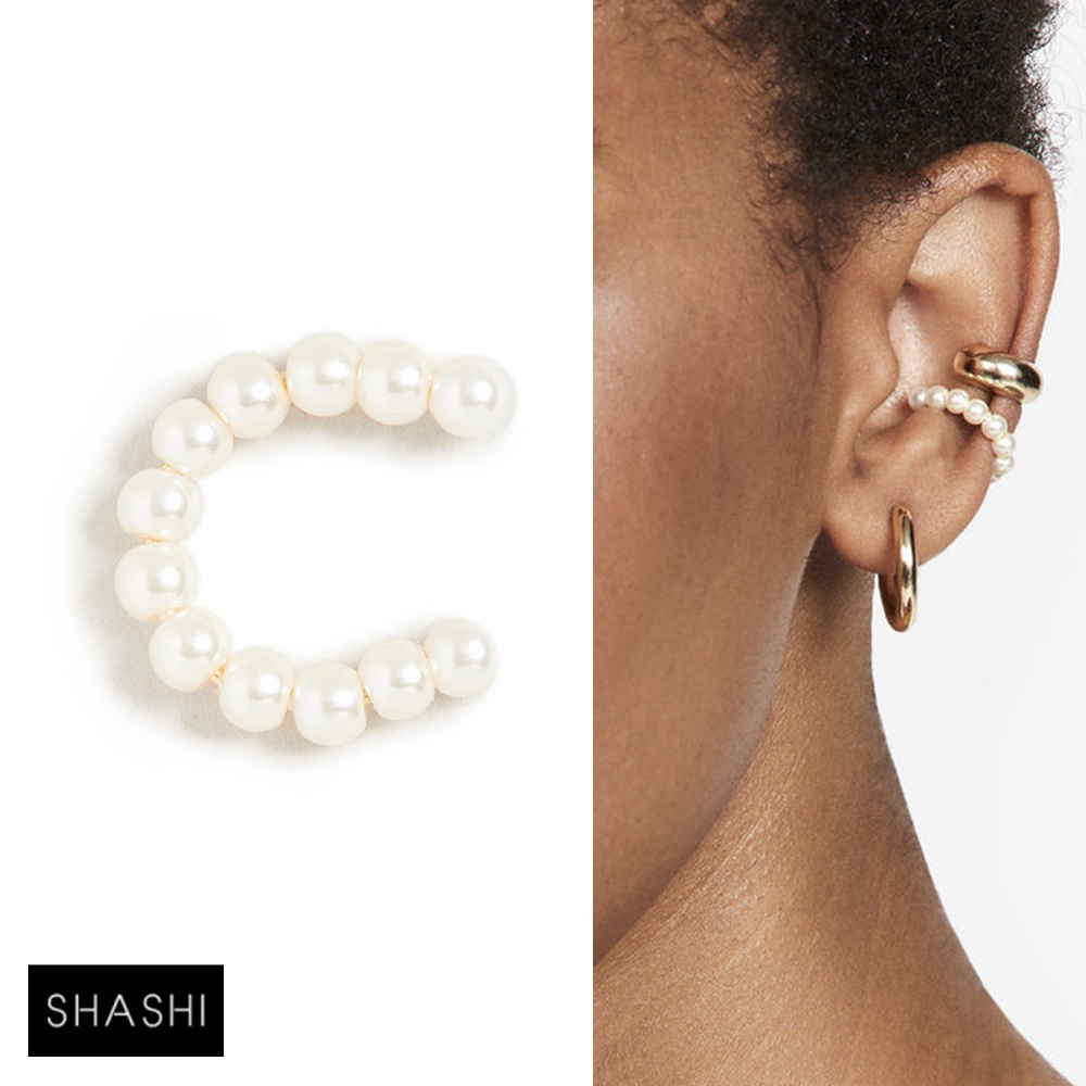 SHASHI 紐約品牌 Pema 金色珍珠耳環 簡約C形耳環夾 無耳洞女孩必備