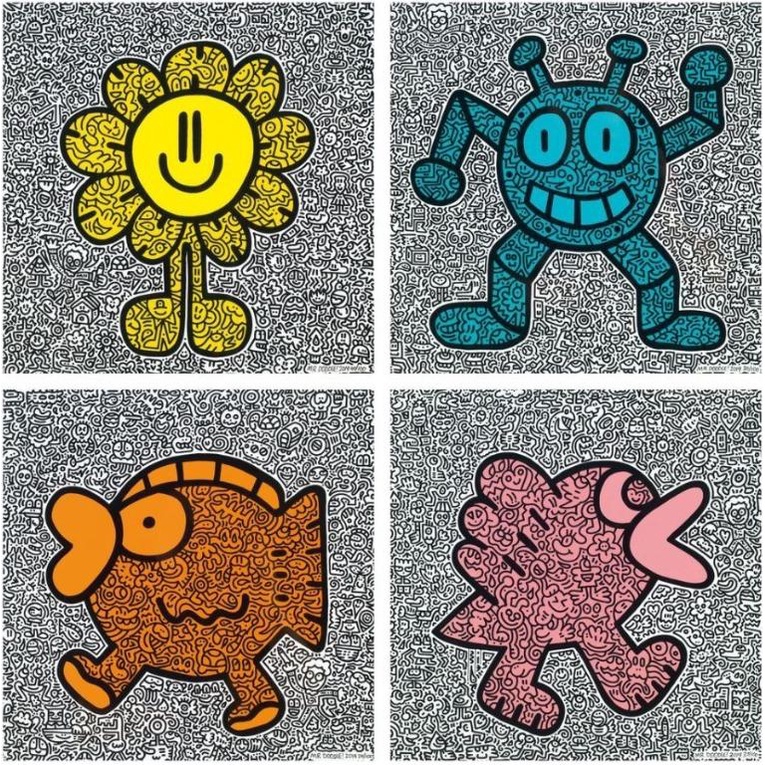 Mr Doodle 塗鴉先生 Sam Cox 2019年 限量版畫 四件組 黃色太陽花/ 橘色魚/ 粉紅鳥/ 藍色機器人