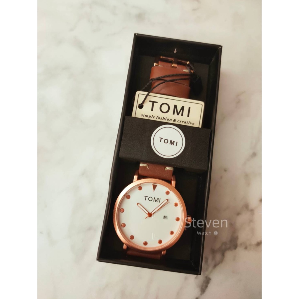 送原產錶盒 TOMI品牌手錶 玫瑰金錶框 時尚日曆 刻度清晰 皮革錶 北歐簡約風 男錶女錶 中性錶 ins韓版 jam