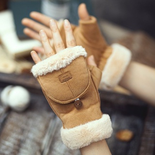 Image of 麂皮絨手套女學生秋冬季保暖可愛刷毛厚翻蓋辦公騎車觸屏半指手套