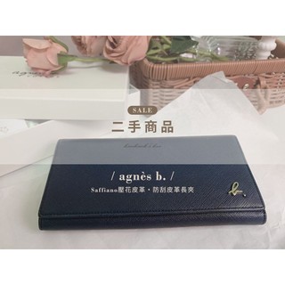 【二手精品．含淚出清】agnès b. 經典法國時裝品牌．Saffiano壓花皮革．防刮皮革長夾/皮包/錢包 (深藍)