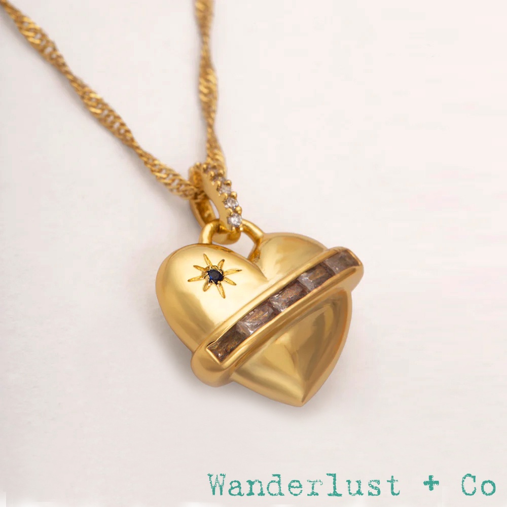 Wanderlust+Co 澳洲品牌 鑲鑽立體愛心項鍊 金色X藍寶石 With My Heart