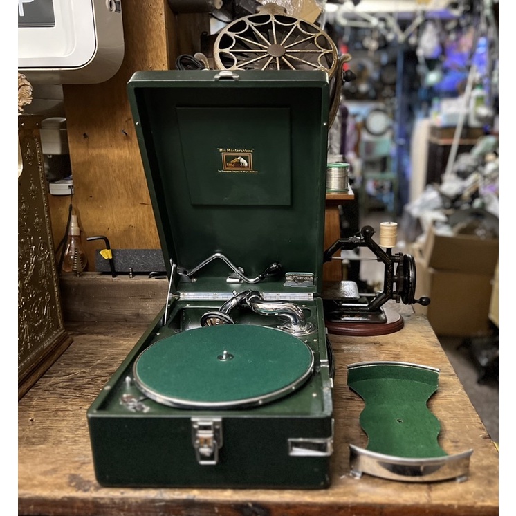 1930s 英國 HMV 102 綠色 頂級版 攜帶式 留聲機 附原廠唱片架