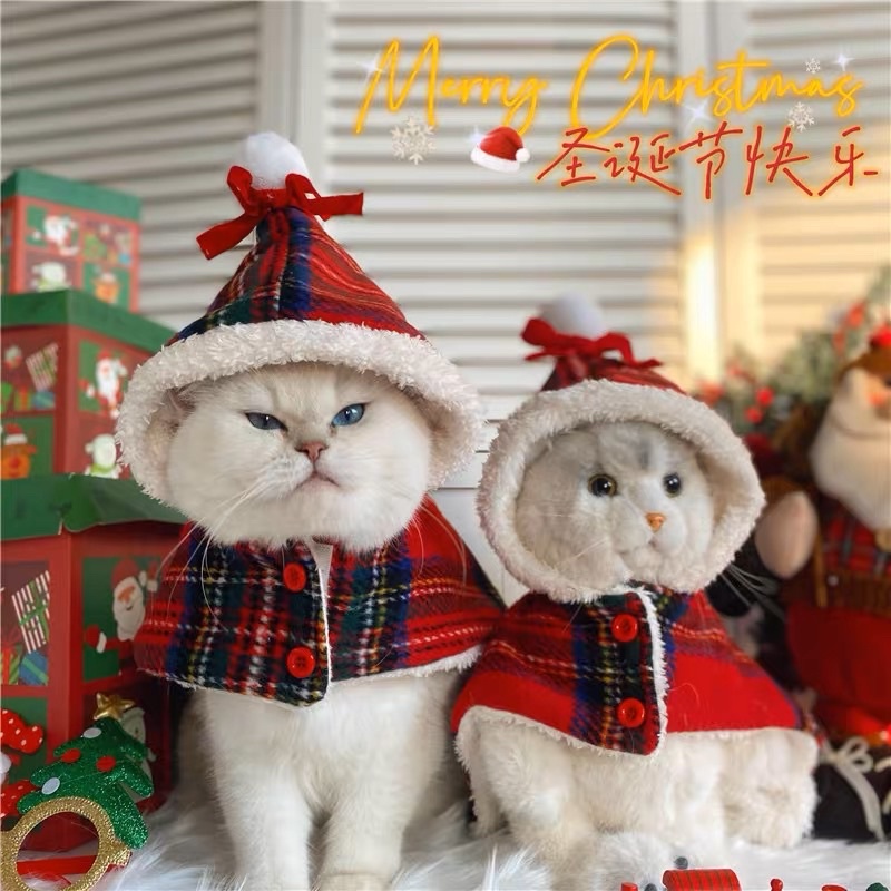 現貨s貓咪新年帶帽披風寵物帽子變身裝寵小狗衣服紅格子狗狗聖誕鬥篷