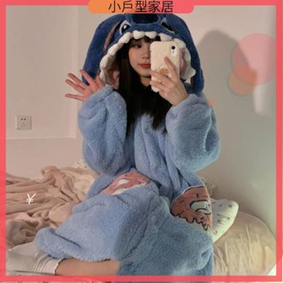 浴袍 珊瑚絨睡袍 家居服 睡衣 睡袍 家居服 可愛情侶睡衣 秋冬珊瑚絨睡衣女學生可愛史迪仔ins加絨加厚長款可外穿睡袍睡