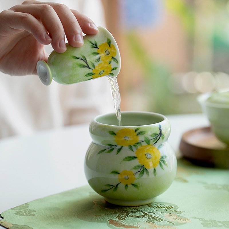 手繪黃木香霧綠葫蘆建水【化雲】茶洗陶瓷茶渣缸筆洗杯洗家用蓄水盂【A050】