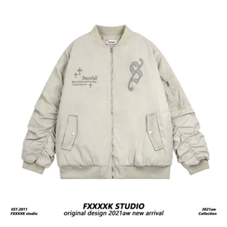 FXK原創 美式復古十字架貼布刺繡MA-1飛行服夾克加棉加厚冬季棉衣