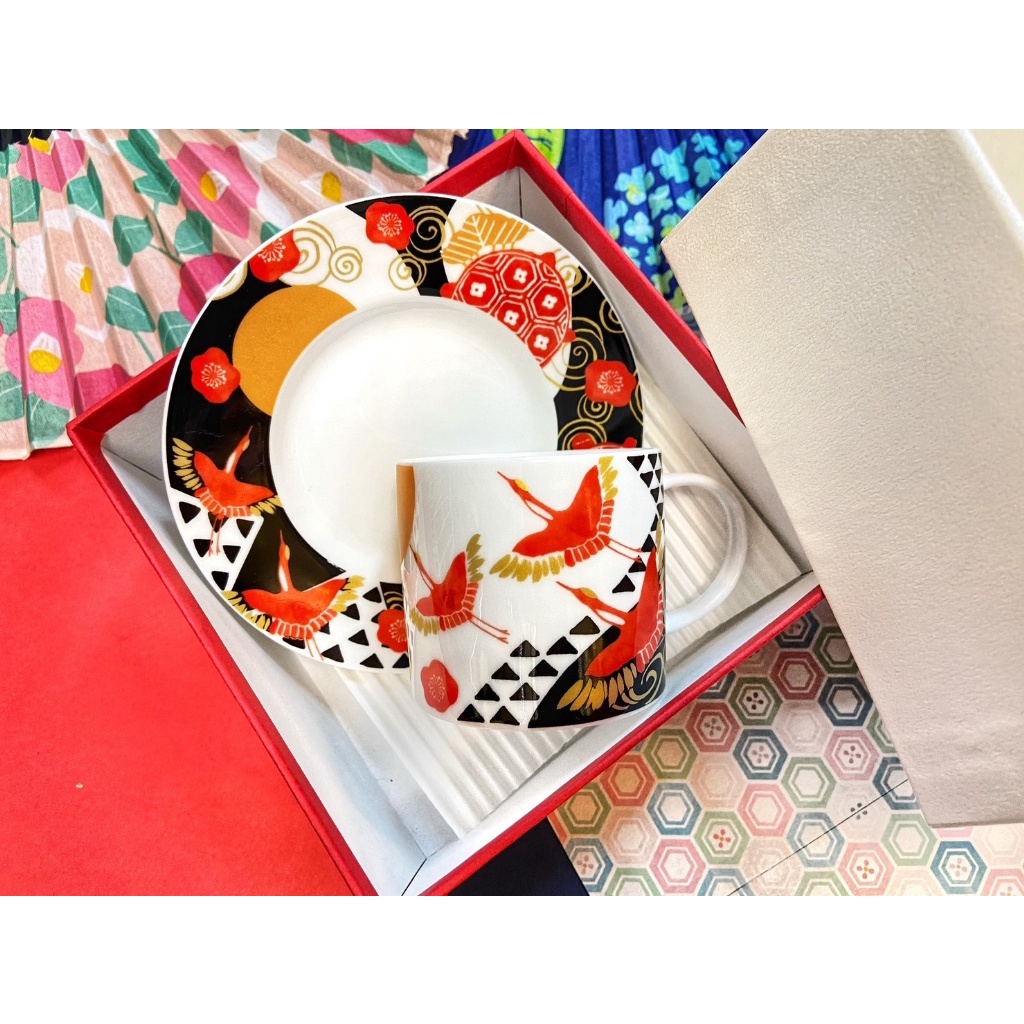 現貨 日本製 美濃燒 KOTOHOG RINPA 緣起陶瓷馬克杯+碟組 環繞型 【和藍】美濃燒 福氣 杯組
