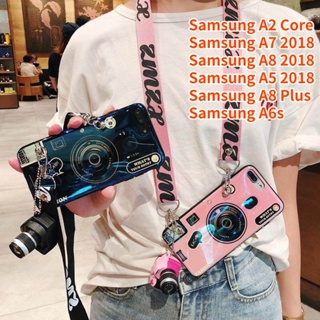 SAMSUNG 三星 A8 Plus A2 Core A6s 復古相機掛繩外殼手柄支架支架矽膠手機殼保護套帶相機娃娃