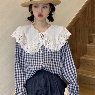 ✿法式甜美秋季新款蕾絲娃娃領綁帶格子寬鬆泡泡長袖襯衫女裝上衣#AJE