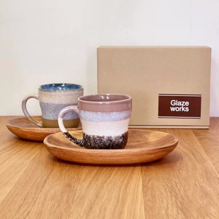 日本代購 日本製 Glaze Works 美濃燒 咖啡杯盤組 咖啡杯 馬克杯 對杯 禮盒 木盤 陶瓷 漸層釉色