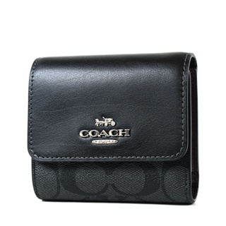 COACH 緹花LOGO防刮皮革三折釦式短夾-灰黑色【美國正品 現貨】