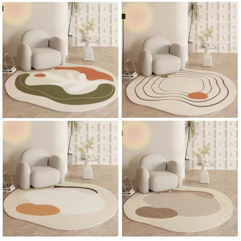地墊臥室，仿羊絨材質奶油色不規則圓形地毯，尺寸60*60cm-140*140cm，客廳地毯 ，圓形地毯，防滑地墊