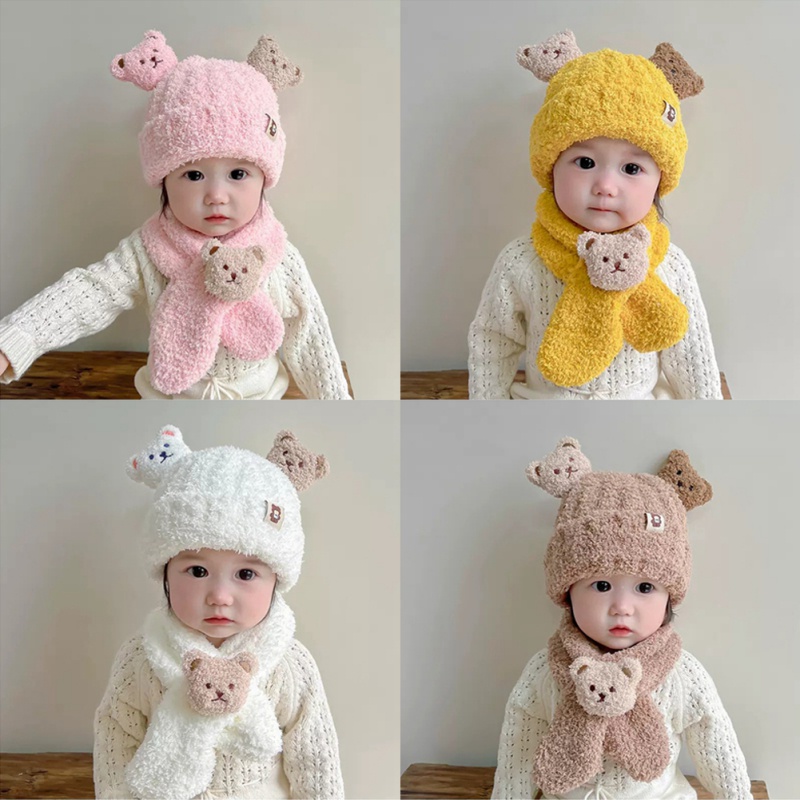 BOBORA 寶寶帽子/圍巾 秋冬季男女嬰兒小熊加厚護耳帽 兒童冬款防寒保暖圍巾