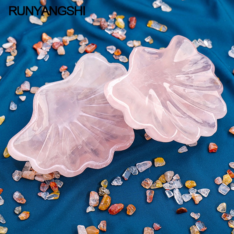 天然石玫瑰石英貝殼雕像水晶碗粉紅色電源水晶裝飾拋光水晶盤