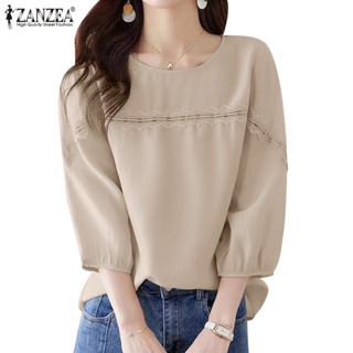 Zanzea 韓國女式時尚休閒半袖拼接蕾絲圓領襯衫