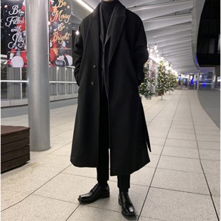 韓版百搭中長款風衣男士秋冬款過膝英倫風毛呢大衣寬鬆加厚外套潮