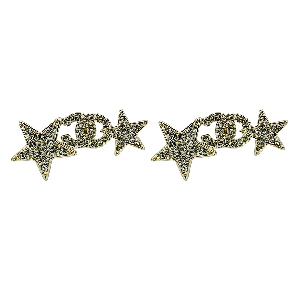 Chanel 星星雙C logo水鑽鑲飾穿式耳環(淡金)
