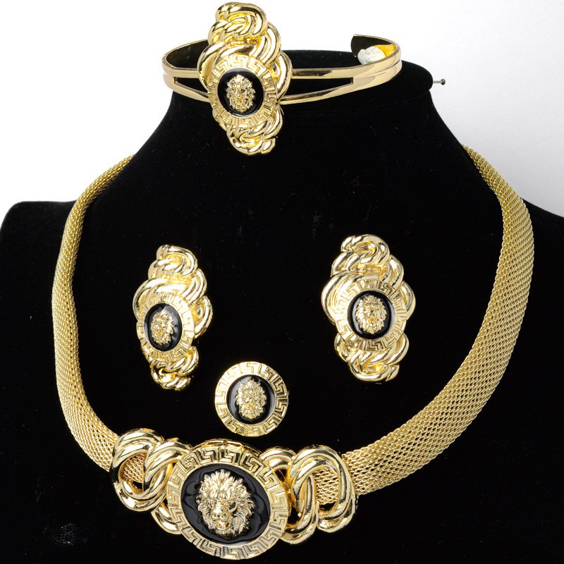 首飾套裝獅子頭黑色油鍍金耳環項鍊手鍊戒指女士經典時尚日常佩戴派對